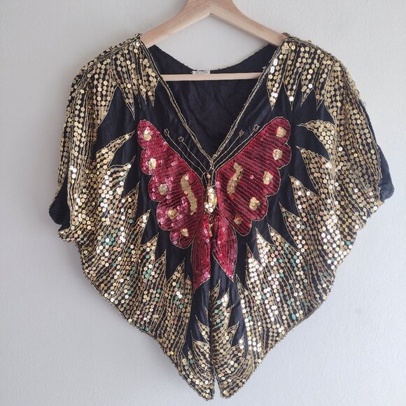 Alex Evenings Tops - Vintage Butterfly Silk Blouse S M L Gold Red Sequin Fun Disco Going Out Top